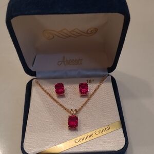 Gold Necklace and Earring Set with Red Crystals